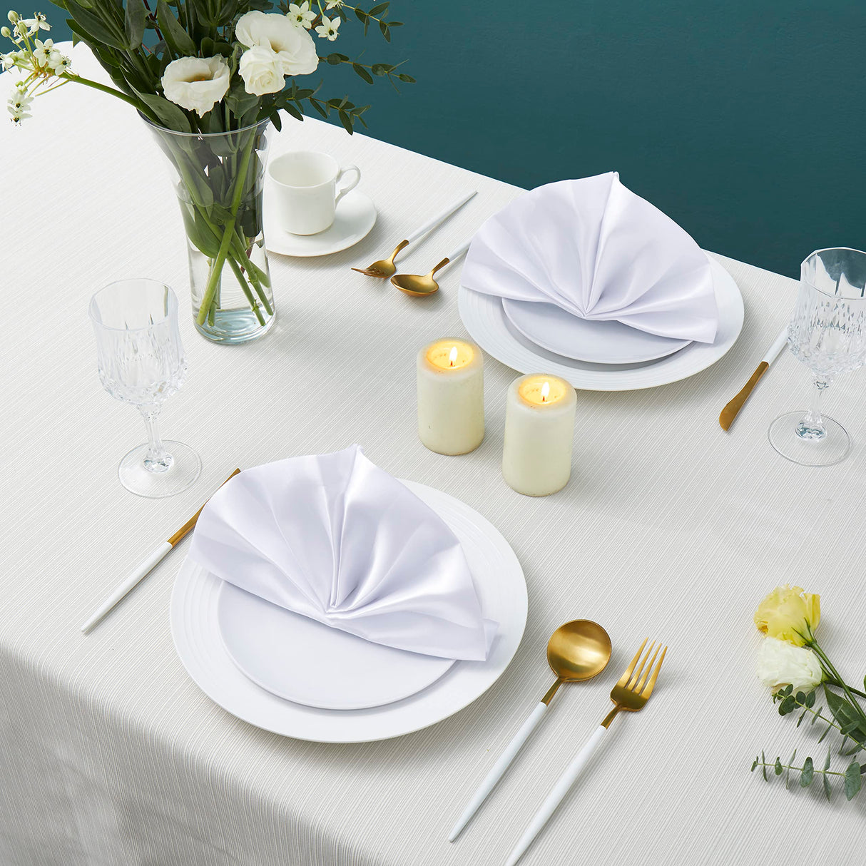 Counfeisly 12 Pack Square Satin Dinner Napkins, 20x20 Inches Silky Soft Smooth Table Cloth Napkins for Restaurant Weddings Banquet Party Decoration, White WoodArtSupply