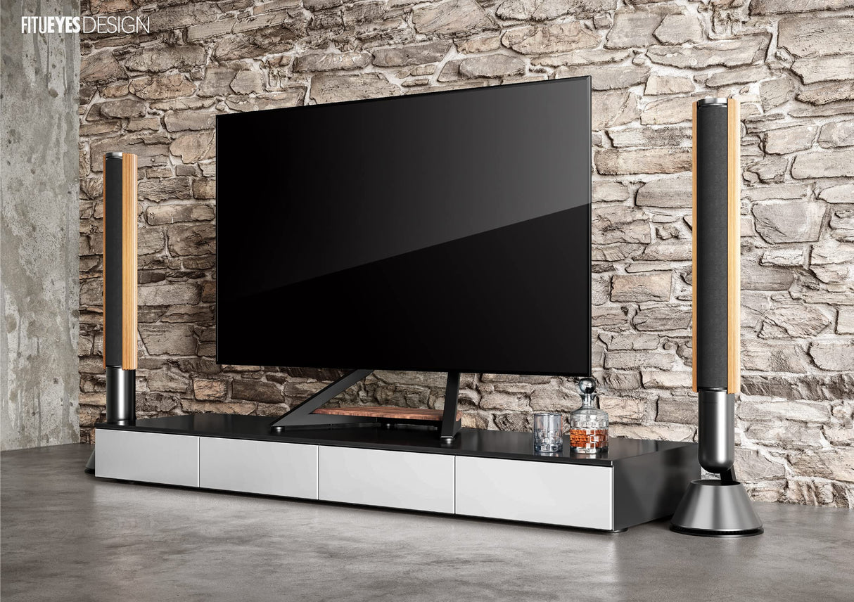 FITUEYES DESIGN Universal Tabletop TV Stand for 55-86 inch TV LCD LED, Modern TV Stand Height Adjustable with Wooden Base, Eiffel Series TV Mount Stand FITUEYES