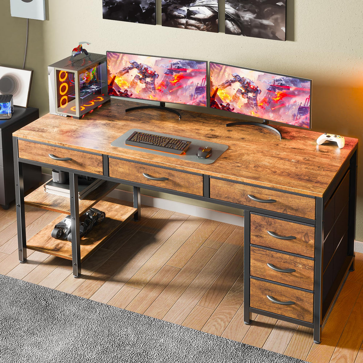 Huuger Computer Desk with 6 Drawers, 54 Inch Office Desk with Shelves, Reversible Gaming Desk, Corner Desk with Storage, Work Desk for Home Office, Study, Living Room, Rustic Brown Huuger