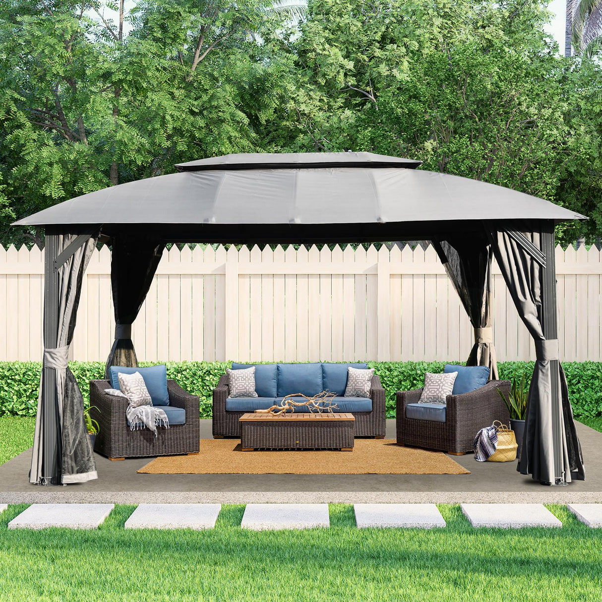 Domi Gazebo 10x14FT, Outdoor Gazebo with Double Roofs, Privacy Curtains, Mosquito Nettings, Heavy Duty Metal Frame Party Tent Canopy for Patio, Backyard, Deck, Lawn, Grey domi outdoor living