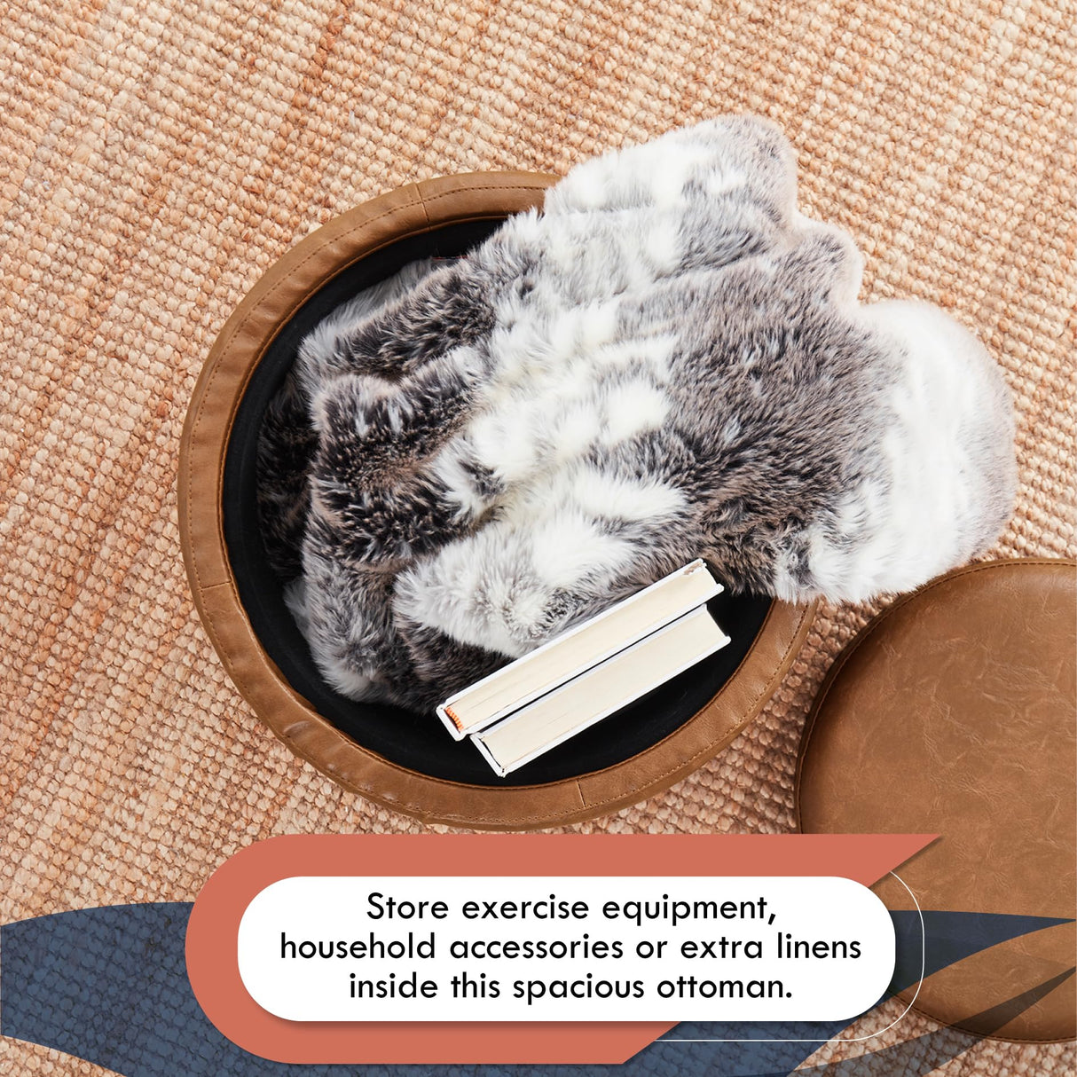 Ornavo Home Lawrence Round Storage Ottoman with Lift Off Lid and Tray Lid Coffee Table, Ottoman with Storage for Living Room, Bedroom and Office, Faux Leather Mocha Ornavo Home