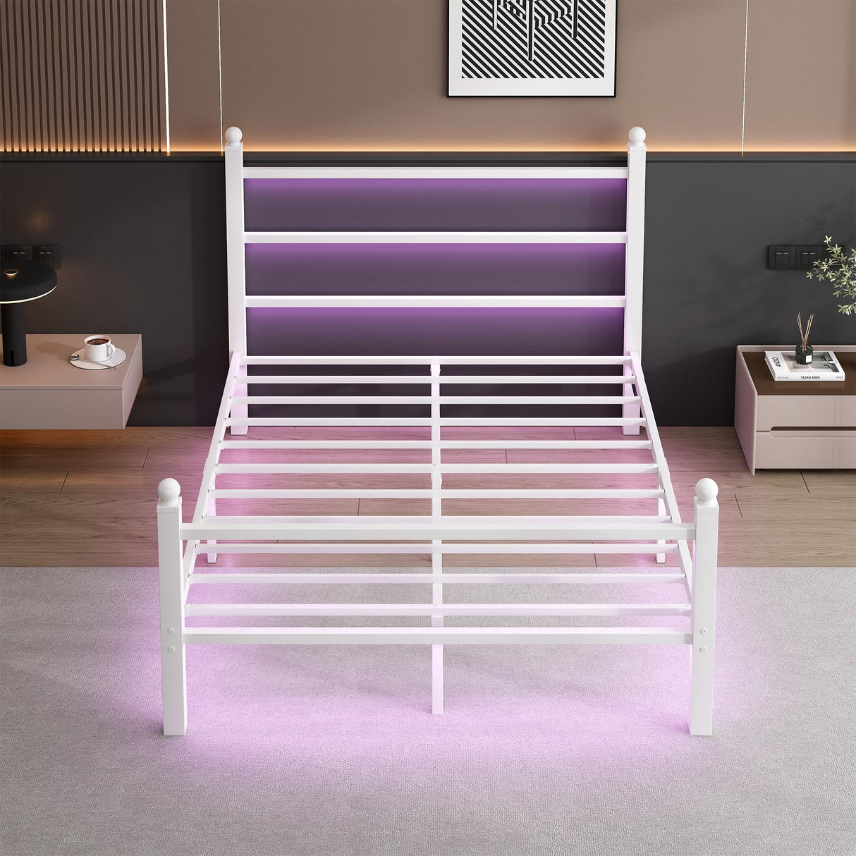 CLIBFENG Full Size Bed Frame with Headboard and Footboard,Steel Slats Support-LED Bed Frame with USB Charging Station,Mattress Foundation-Under Bed Storage,No Box Spring Needed,Noise Free,White CLIBFENG