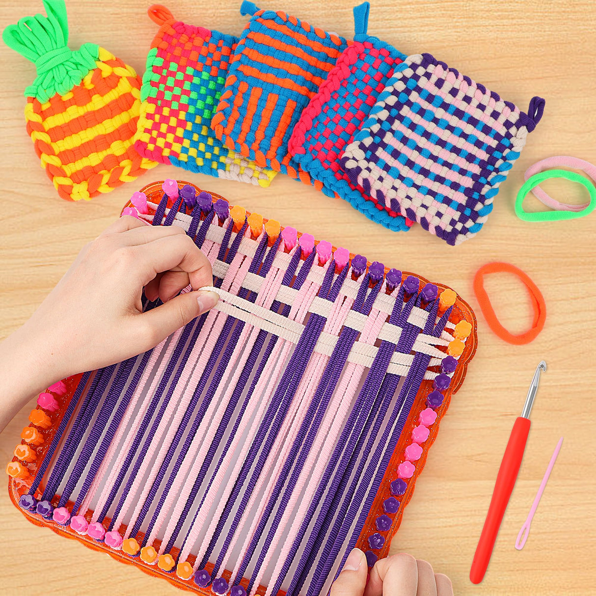 Weaving Loom Kit for Kids Ages 8-12, DIY Arts and Crafts Loom Knitting Projects Set, Ideas Birthday Gifts for Girls Toys, Crochet Kit for Beginners Potholder Tools Creative Supplies With Elastic Cord QXHOL