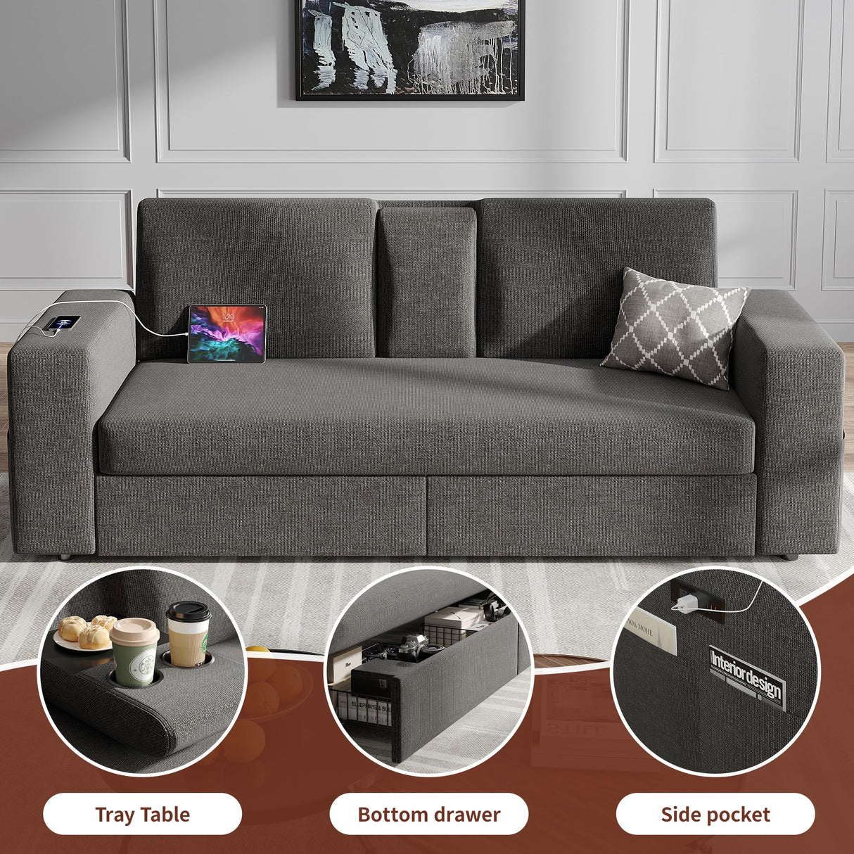 Maupvit 75” Loveseat Sofa with 2 Drawers, USB & Type-C Charging Port, Comfortable Linen Living Room Couch with Small Table Board, Upholstered Small Settee Fits Bedroom, Office, Grey Maupvit