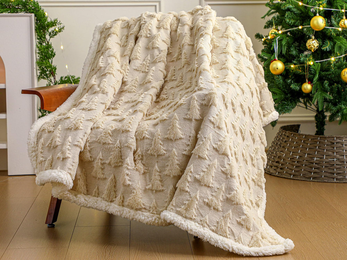 Remagr Christmas Sherpa Throw Blanket 3D Christmas Tree Snowflake Reindeer Double-Sided Thick Soft Plush Fluffy Decoration for Couch, Bed, Sofa Holiday Party Gifts, 50" x 60"(Beige,Xmas Tree) Remagr