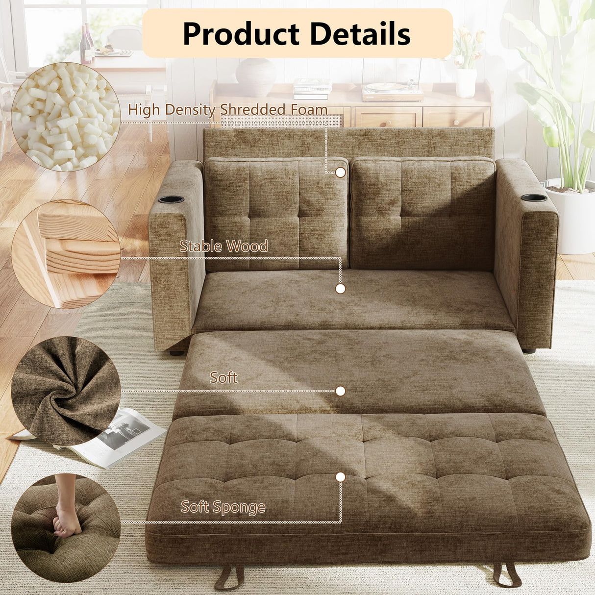 WorthFurni Convertible Sofa Bed, Folding Sofa Bed 2 in1 Pull Out Loveseat Sleeper Sofa, Floor Sofa Bed for Small Spaces Folding Couch Bed with Pillows for Living Room Bedroom - Brown WorthFurni