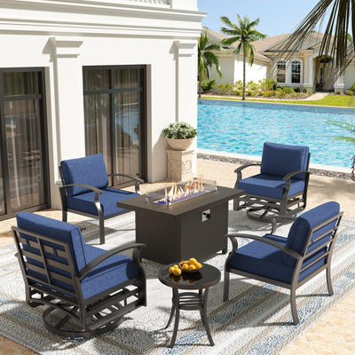 Kullavik Aluminum Patio Furniture Set,6 Pieces 4 Seat Metal Outdoor Furniture Conversation Set w/45 Propane Gas Fire Pit&Swivels,Navy Blue