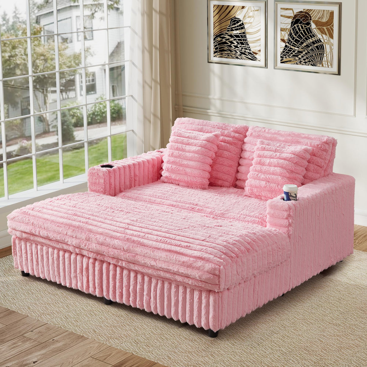 RARZOE 64'' Oversized Chaise Lounge Chair Indoor, Plush Faux Rabbit Fur Sleeper Sofa Bed with 4 Pillows, Charging Station & Cup Holders, Fluffy Comfy Cloud Couch Loveseat Sofa for Living Room,Pink RARZOE