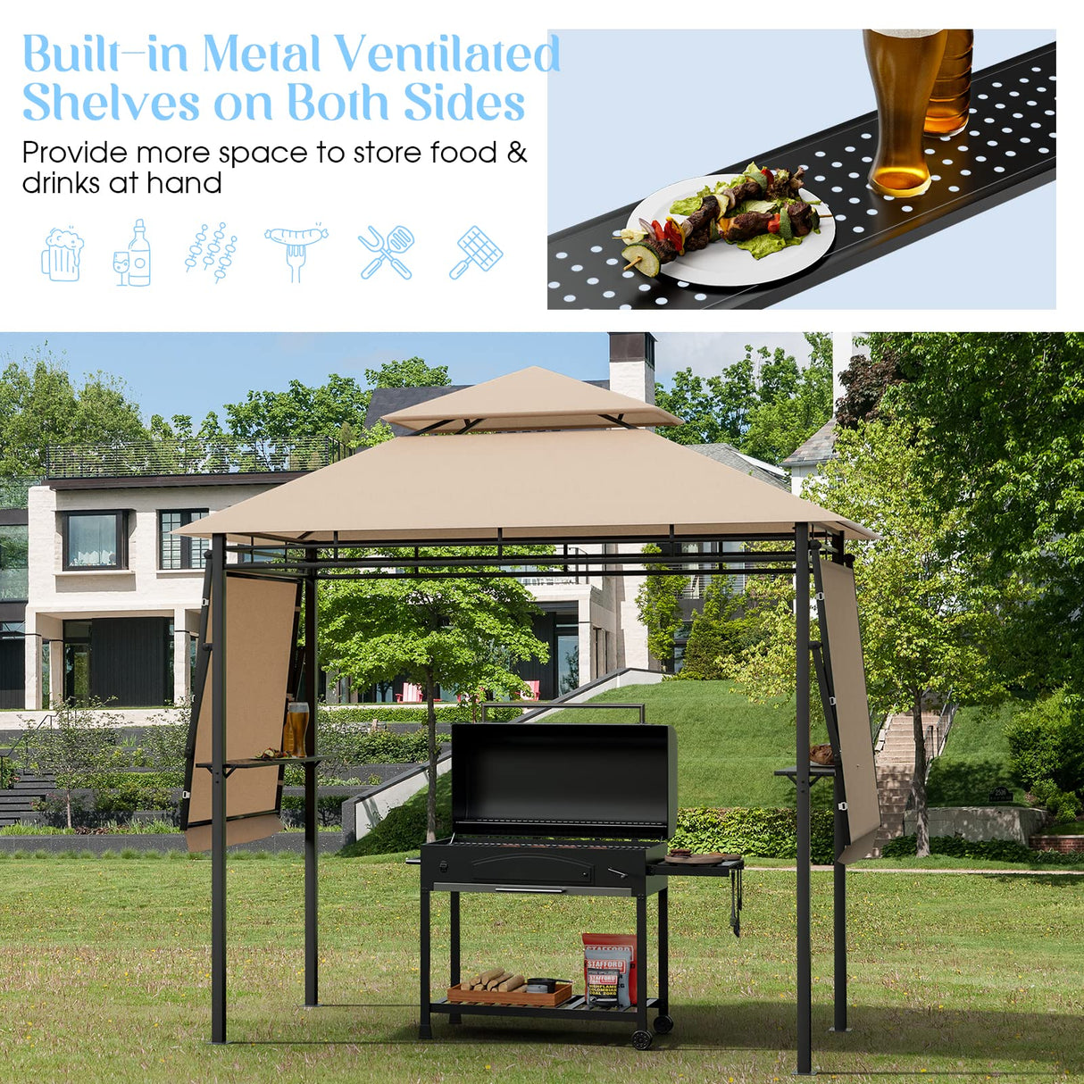 Tangkula 13.5x4 Ft Grill Gazebo with Dual Side Awnings, Double Tier BBQ Gazebo with 2 Side Shelves, Heavy-Duty Steel Frame, CPAI-84 Barbecue Grill Gazebo Shelter for Patio, Garden, Beach, Terrace Tangkula