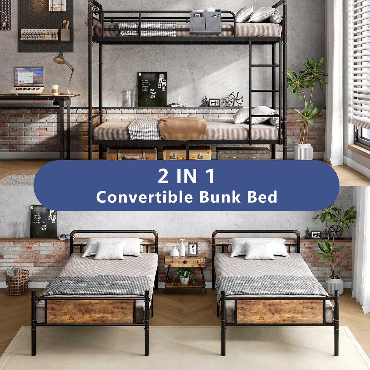 Jocoevol Metal Bunk Bed Twin Over Twin, Industrial Bunkbeds Heavy Duty Bed with Safety Guard Rails and Space-Saving Design, Steel Bed for School, Bedroom (Vintage Brown) Jocoevol