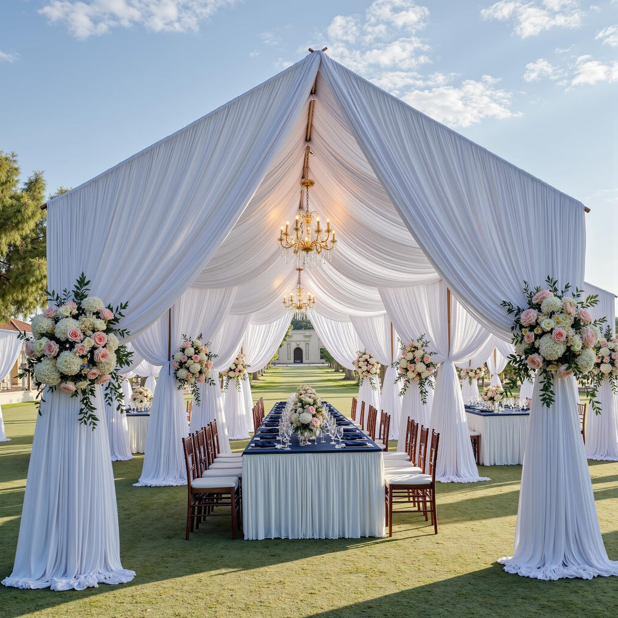 Party Village 40ftx20ft White Ceiling Curtain for Wedding Parties – 8 Panels Wrinkle-Free 20 FT Long Tent Draping Curtains for Wedding, Birthday & Theme Parties, 20ft Height with Rod Pocket Party Village