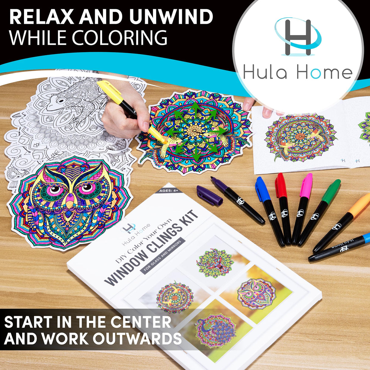Hula Home Stained Glass Mandala Art Kit - Animal DIY Window Clings with Markers, 10 Suncatchers - Perfect Hobby for Adults, Kids, Teens & Seniors - Ideal Gift for Beginners, Women & Elderly - New Hula Home