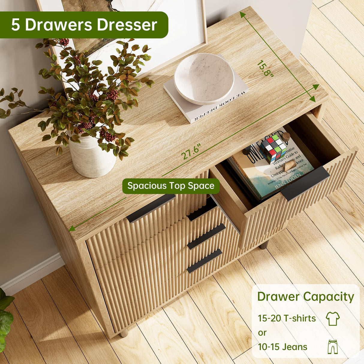 GarveeHome Oak Fluted 5 Drawer Dresser for Bedroom, Modern Wood Chest of Drawers with Wide Drawers, Closet Dresser Organizer with Anti-Tipping Device and Metal Legs for Hallway Entryway GarveeHome