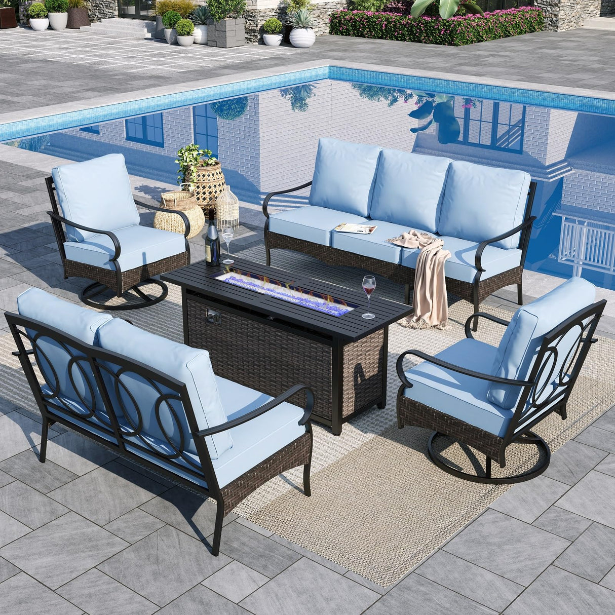 Sophia & William Patio Furniture Set with Fire Pit Table, 4PCS Metal Outdoor Conversation Set with Fire Pit Table, 2 Swivel Chairs,1 Loveseat,3-Seater Couch for Outdoor Seating,Backyard,Porch(Blue) Sophia & William