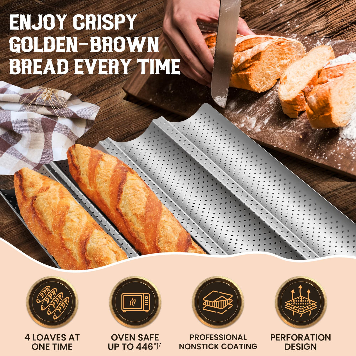 Pavsrmy Baguette Bread Pan, Premium Nonstick Perforated Baguette Pan for French Bread Baking, 4 Loaves Baguette Baking Tray for Sourdough, Italian Bread, Perfect for Creating Crisp Golden-Brown Crust Pavsrmy