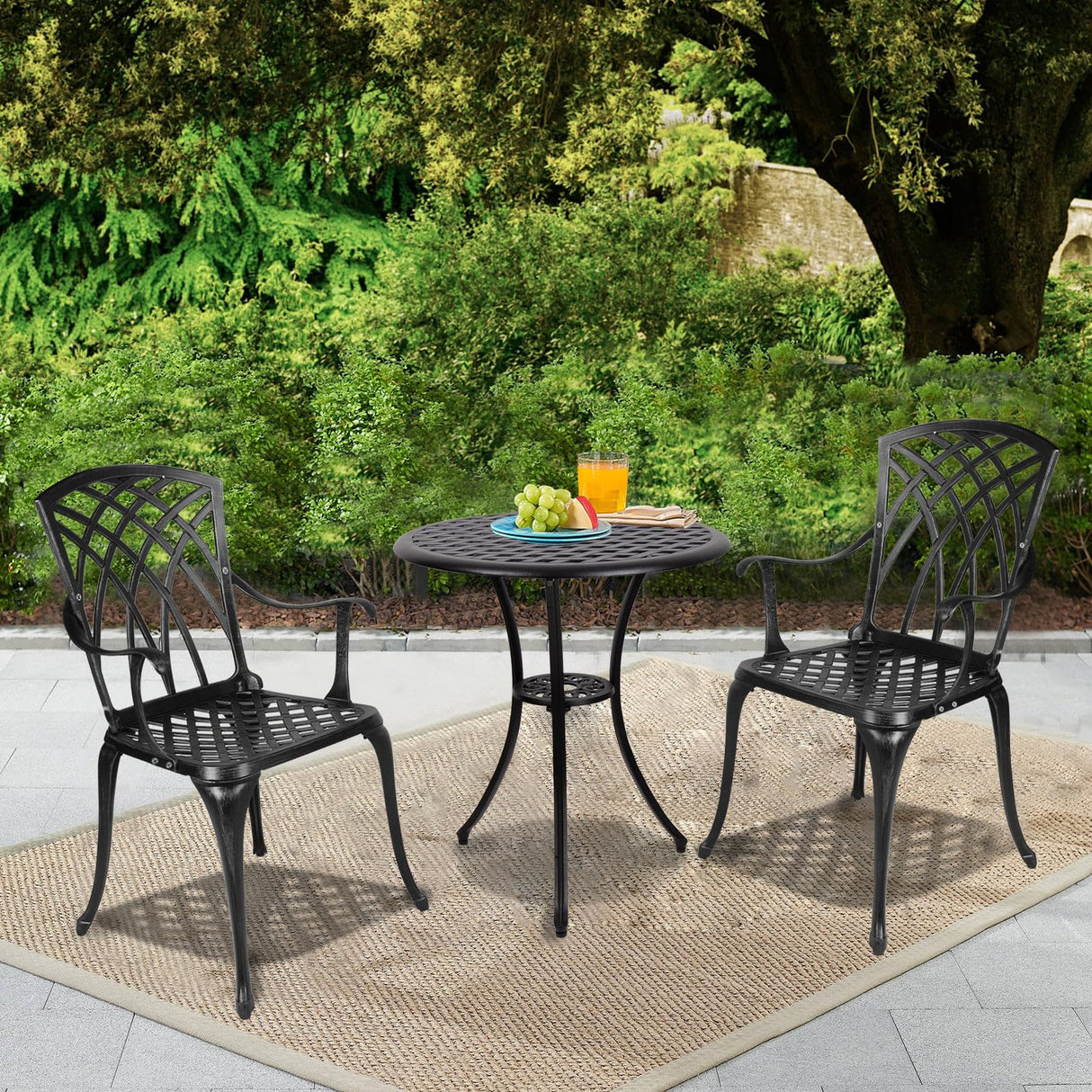 Polar Aurora 3 Piece Patio Bistro Set Cast Aluminum Bistro Table Set Outdoor Round Dining Table with Umbrella Hole for Porch, Lawn, Garden, Backyard, Pool,Black Polar Aurora