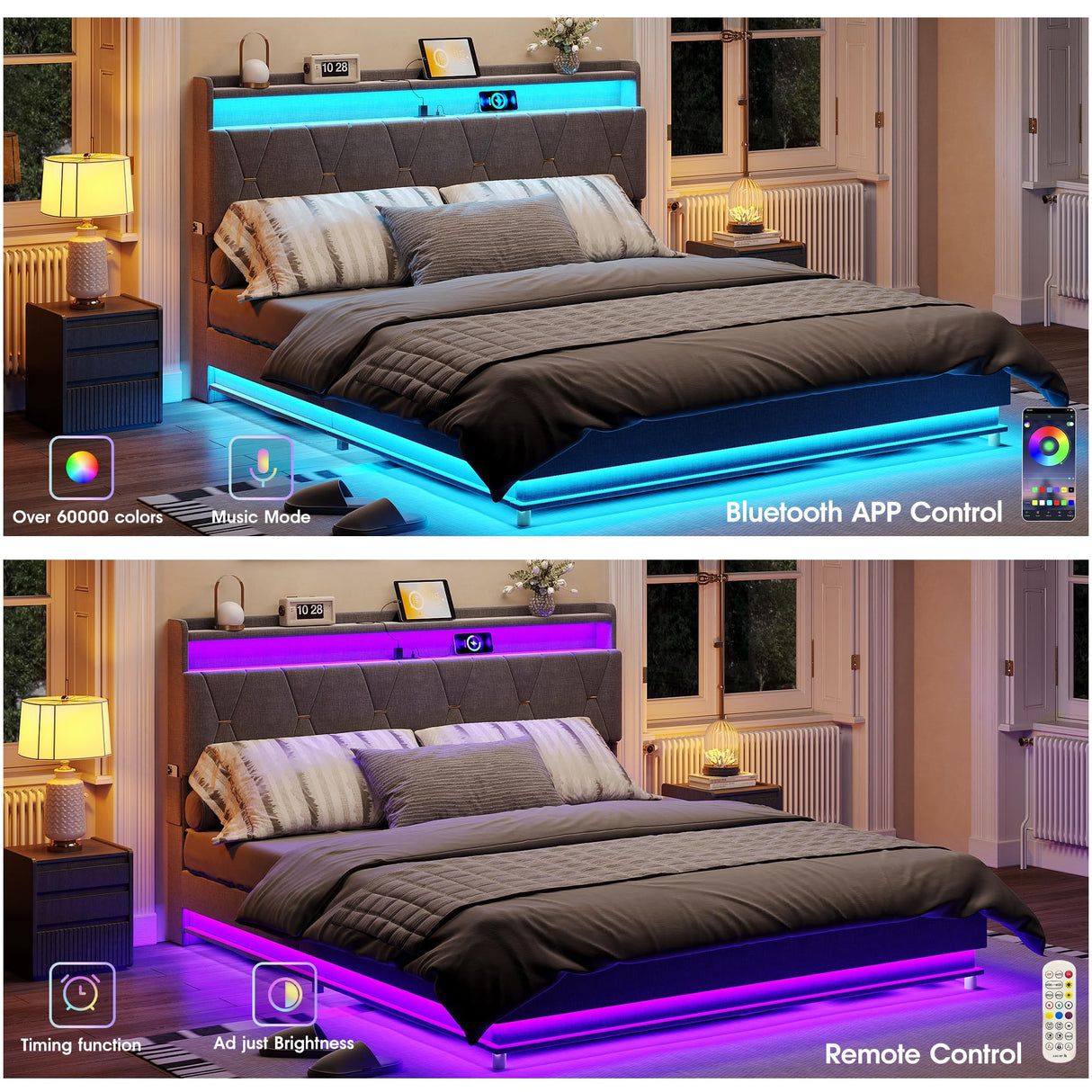 Fameill King Size Lift Up Storage Bed Frame, Storage Headboard with Charging Station, LED Lights Upholstered Platform Bed, No Box Spring Needed, Noise-Free, Dark Grey Fameill