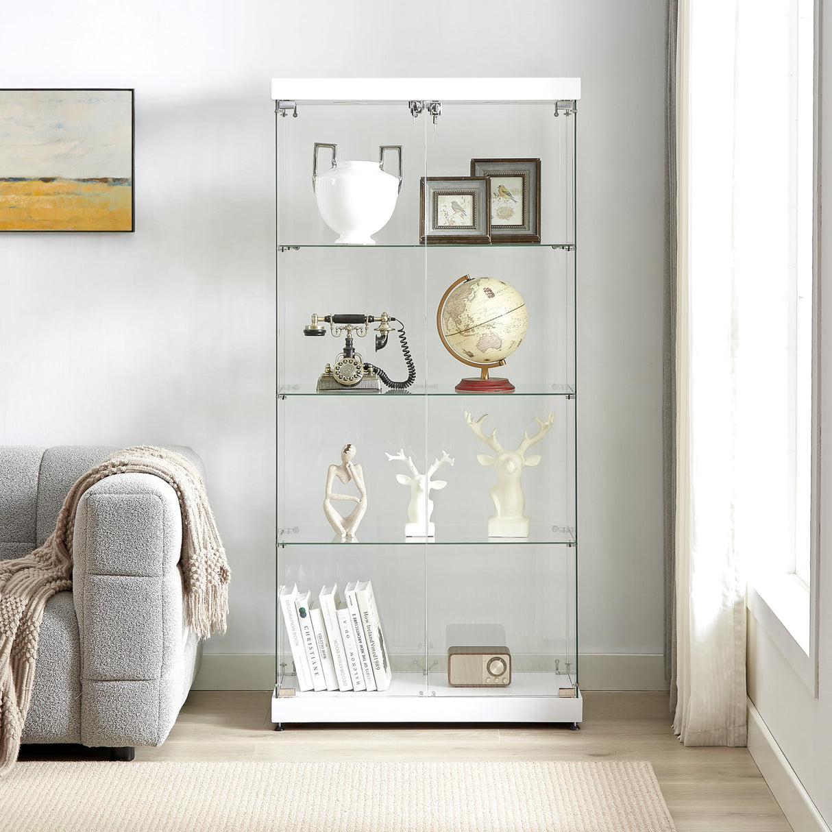 Yoluckea Glass Cabinet with Light, 4 Shelves Glass Display Cabinet w/2 Doors, Floor Standing Clear Glass Curio Cabinet Collection Display Cabinet for Living Room Bedroom 66.3” x 31.5” x 14.2” White Yoluckea