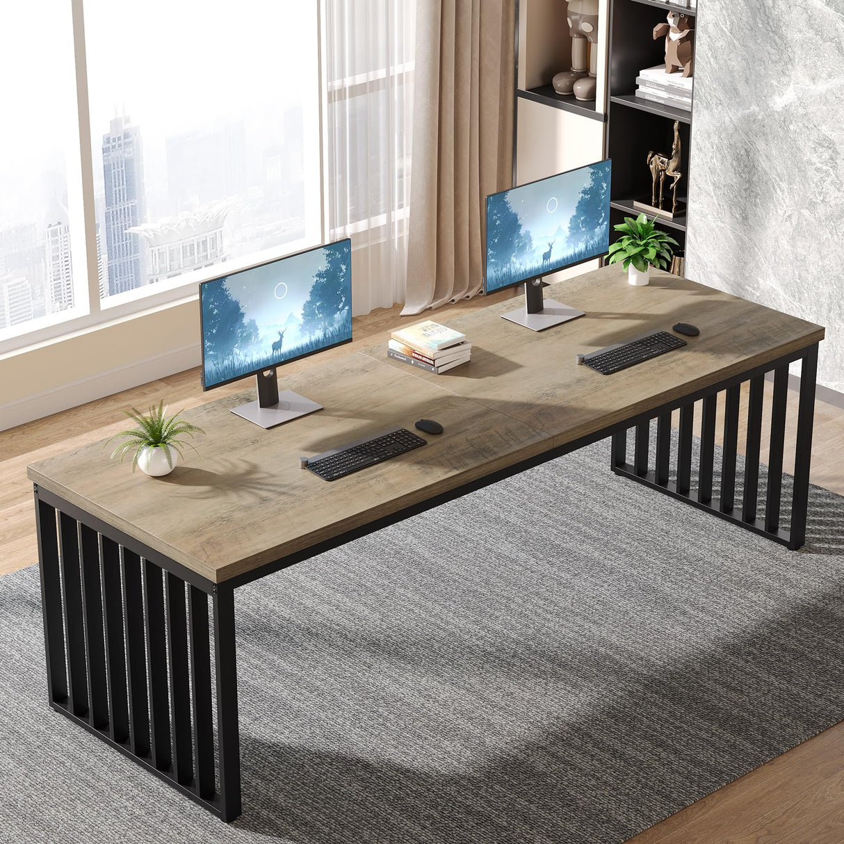 Tribesigns 78.74" Extra Long Computer Desk 2 Person Desk, Double Long Desk with Heavy Duty Metal Frame, Double Workstation Study Desk for Home Office, Brown (Without Chair) (Gray & Black) Tribesigns