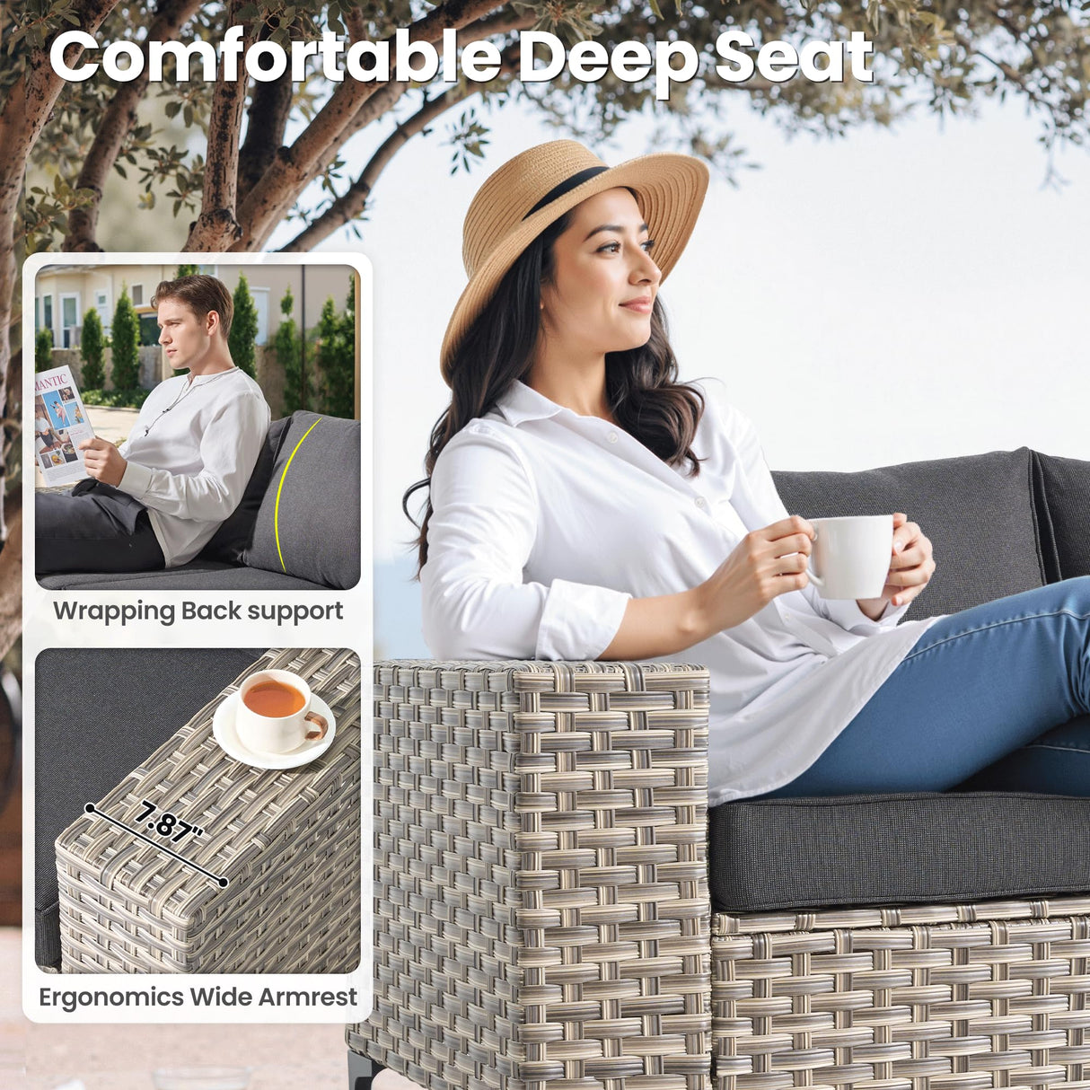 ovios 8 Pieces Patio Furniture Set Outdoor Sectional Sofa Couch with Rocking Swivel Chairs Deep Seat Chaise Comfy Cushions, Modern Modular Wicker Rattan Conversation Set, Black ovios