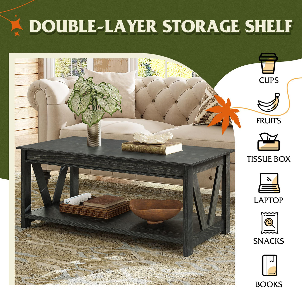 WLIVE Coffee Table, 43" Living Room Coffee Table with Storage Shelf, Center Table for Living Room, Bedroom, Office and Balcony, Black WLIVE