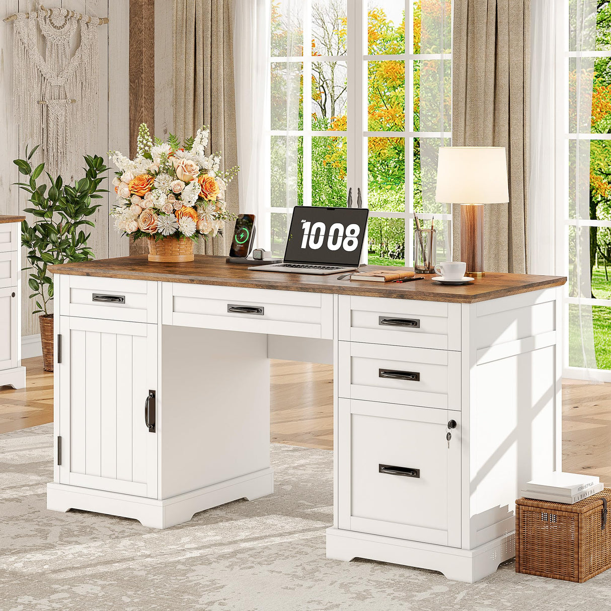 Whalefall 55'' Farmhouse Desk Home Office with Drawers, Executive Computer Desk Wooden with File Cabinet and Charging Station, White Whalefall