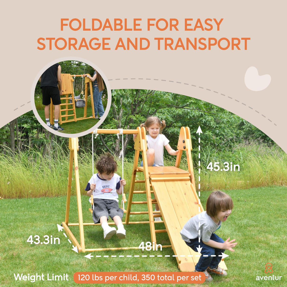 Avenlur 4-in-1 Juniper Outdoor Play Gym - Jungle Gym Playset with Baby Swing, Slide, Ladder, and Climbing Wall - Foldable Wooden Playset - Outdoor Jungle Gym for Kids Ages 18mo to 6yrs Avenlur