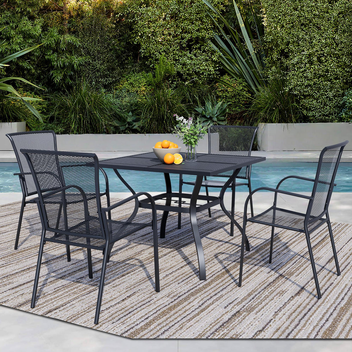 Stabrech 5 Piece Outdoor Dining Set, Patio Table and Chairs Set of 4, 37.5" Black Square Patio Table with 4 Metal Stackable Patio Chairs for Lawn, Garden, Porch Stabrech