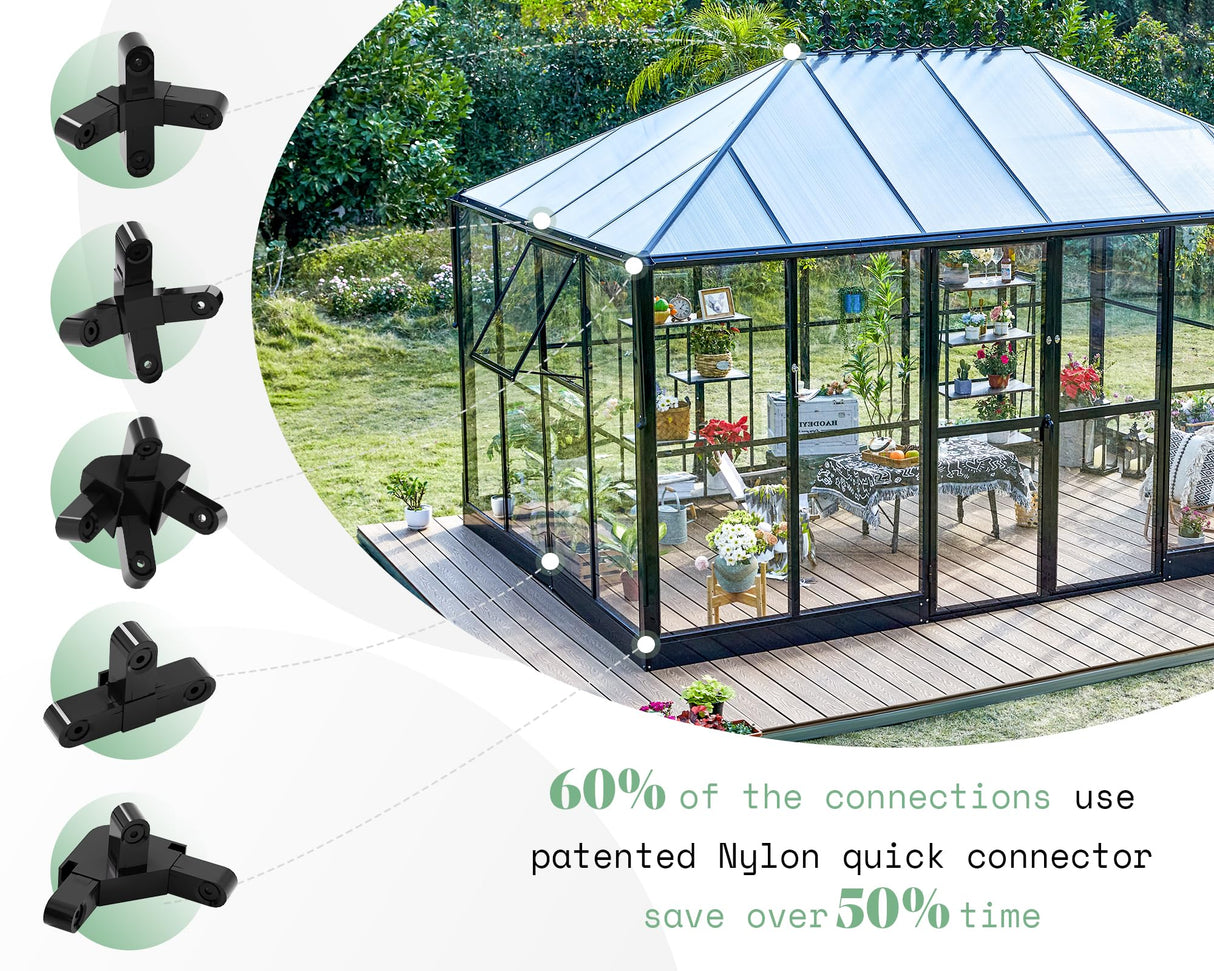 AMERLIFE 14x9.5x9 FT Hybrid Polycarbonate Greenhouse Quick Connector Fast Assembly, Swing 2 Doors Clear Panels, Walk-in Large Aluminum Greenhouse Winter Greenhouse for Outdoors, Black AMERLIFE