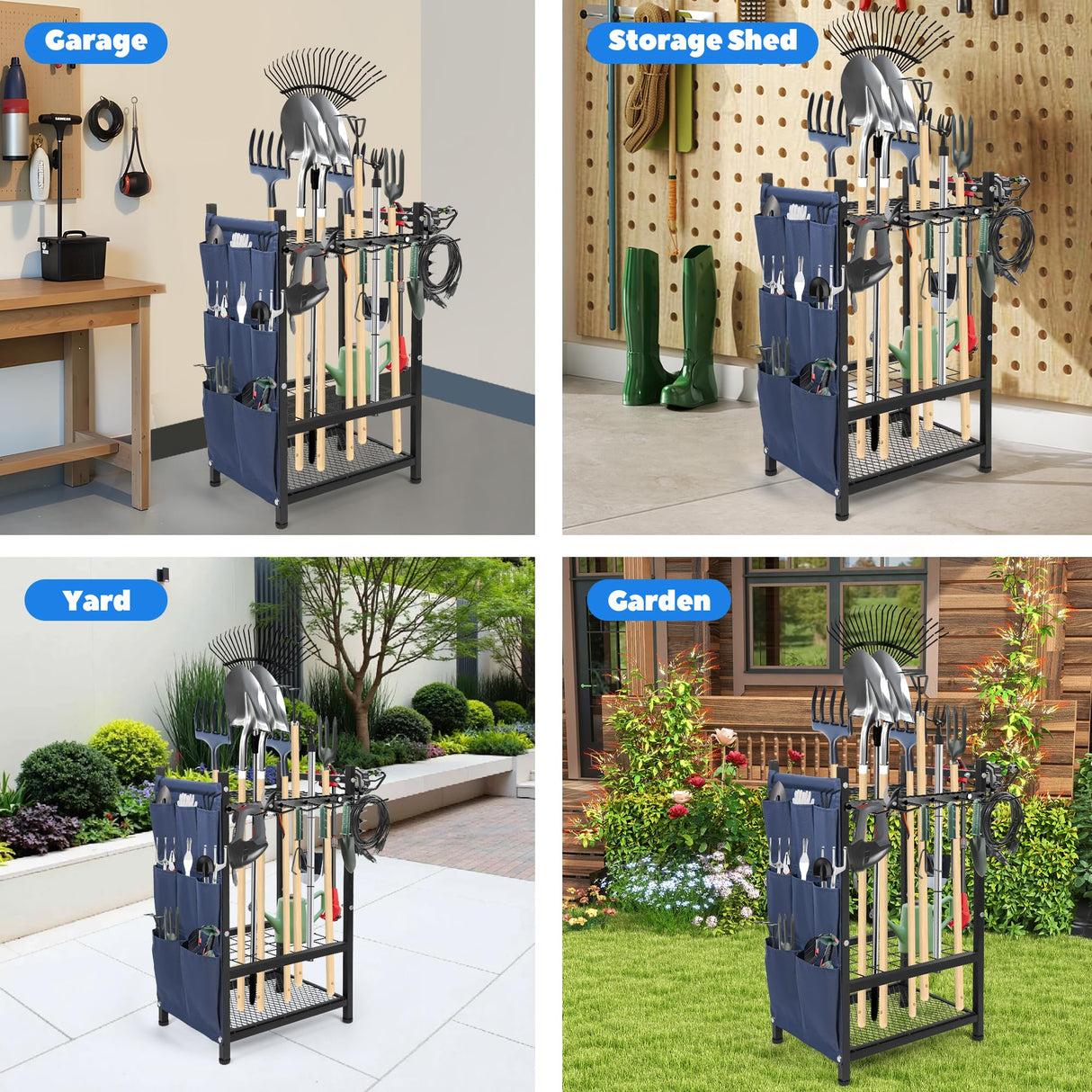 SAMRELAX Garden Tool Rack Freestanding, Heavy Duty Garden Tool Organizer, 3-tier Tool Rack, Multifunctional Yard Tool Storage with Hooks and Storage pockets for Outdoor Long-Handled Broom Shovel Rake SAMRELAX