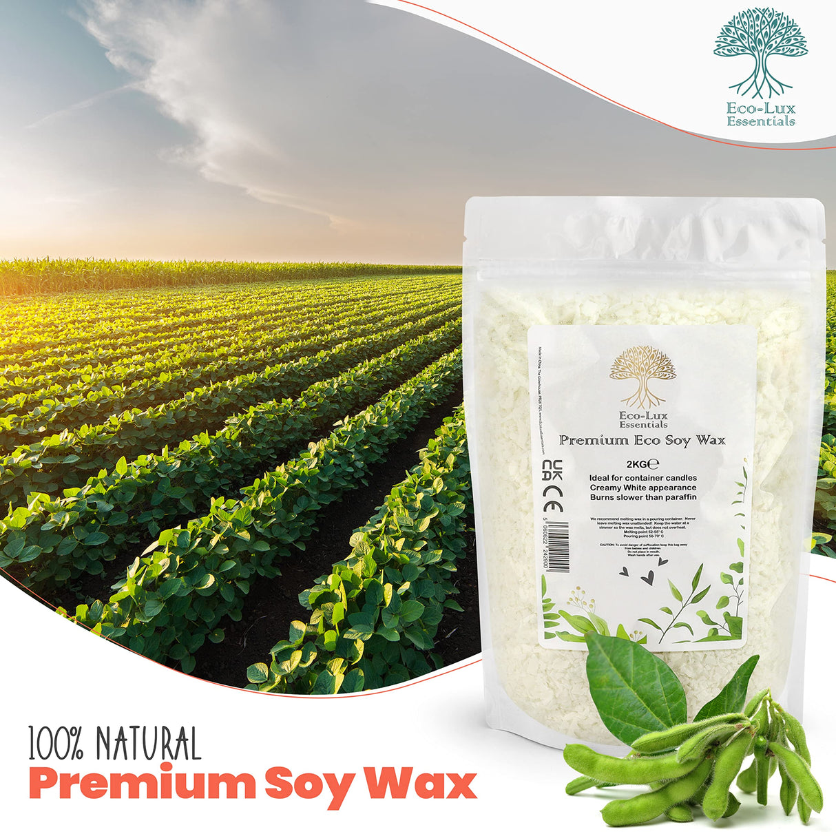 Eco-Lux Essentials 4.4lbs Premium Eco Soy Wax, White, Vegan Cruelty Free, Candle Making from Organic Farm 100% Natural SOYA Wax (4.4, Pounds) The Glowhouse