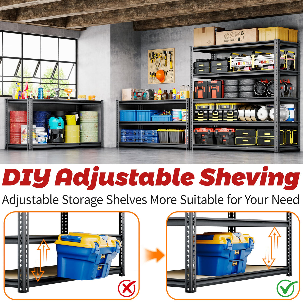 48"W Garage Shelving, 3050LBS Storage Shelves Heavy Duty, 5 Tier Metal Shelving Unit Adjustable Garage Shelves Heavy Duty Shelving for Warehouse,Commercial, Kitchen, 48" W × 18" D × 72" H, Black CypBed