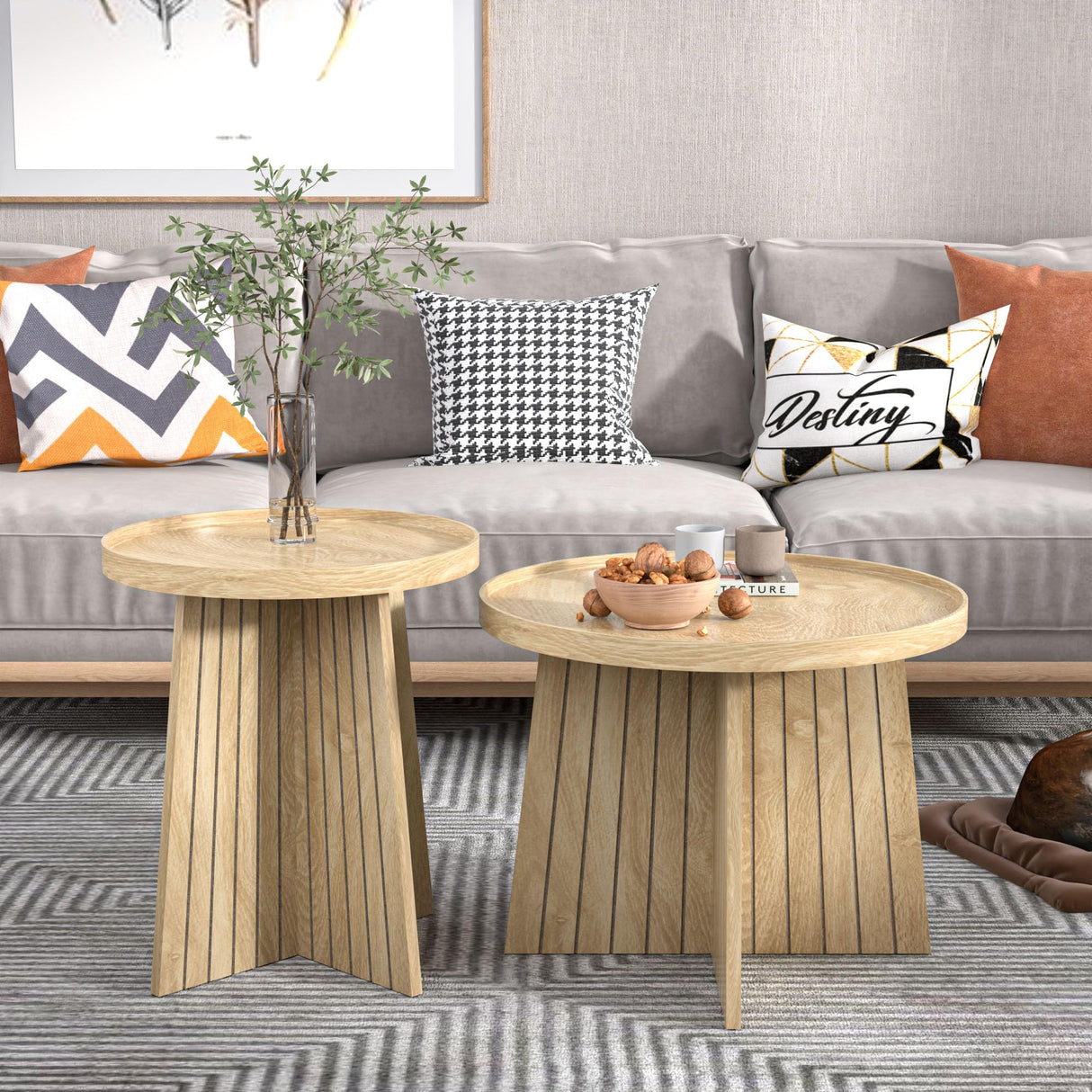 Round Nesting Coffee Table,Set of 2 Round Coffee Tables Living Room,Wood Fluted Coffee Table Set,Modern Small Coffee Table,Coffee Table Sofa Side Table for Living Room Bedroom Home Office (Oak) Mxtxmy