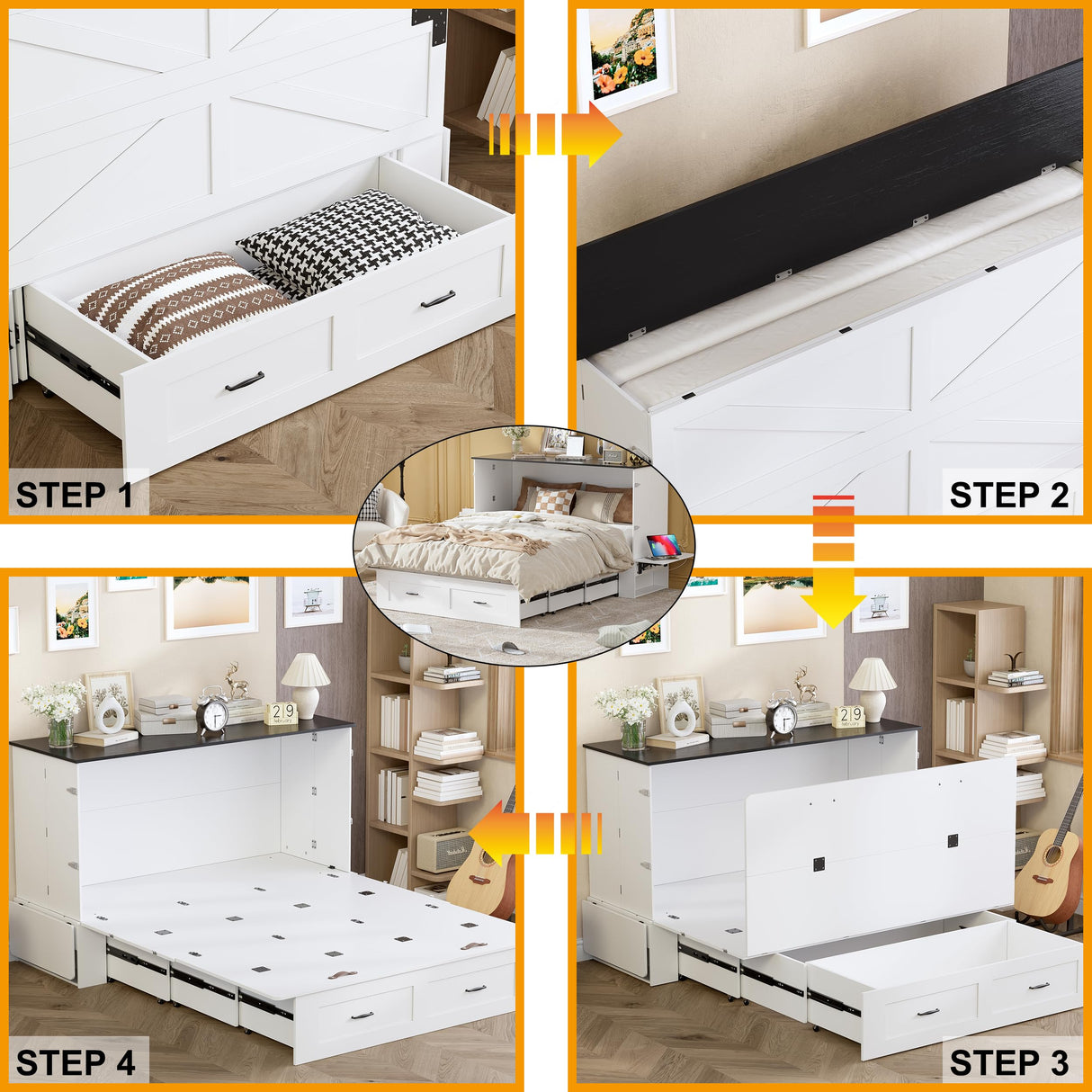 PAKASEPT Queen Murphy Bed - Murphy Cabinet Bed with Storage & Charging Station, Farmhouse Bed Frame with Foldable Panel and Hidden Space, for Living Room, Guest Bedroom PAKASEPT