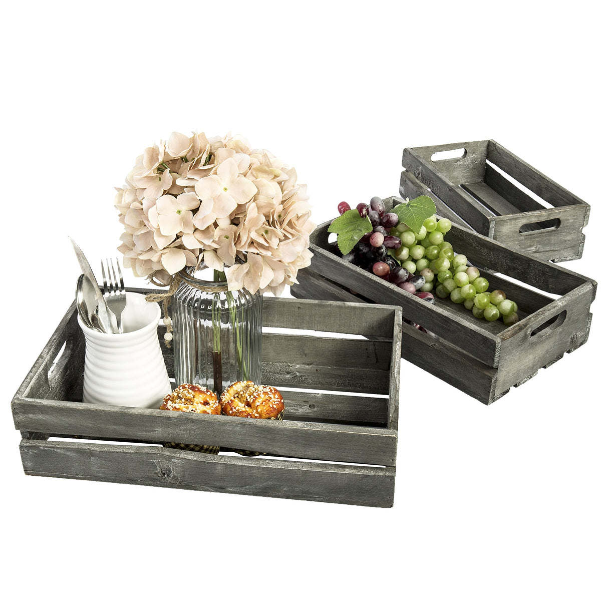 MyGift Rustic Weathered Gray Wood Nesting Storage Crates with Cutout Handles, Decorative Coastal Wooden Pallet Stackable Open Top Bin Boxes, 3 Piece Set MyGift