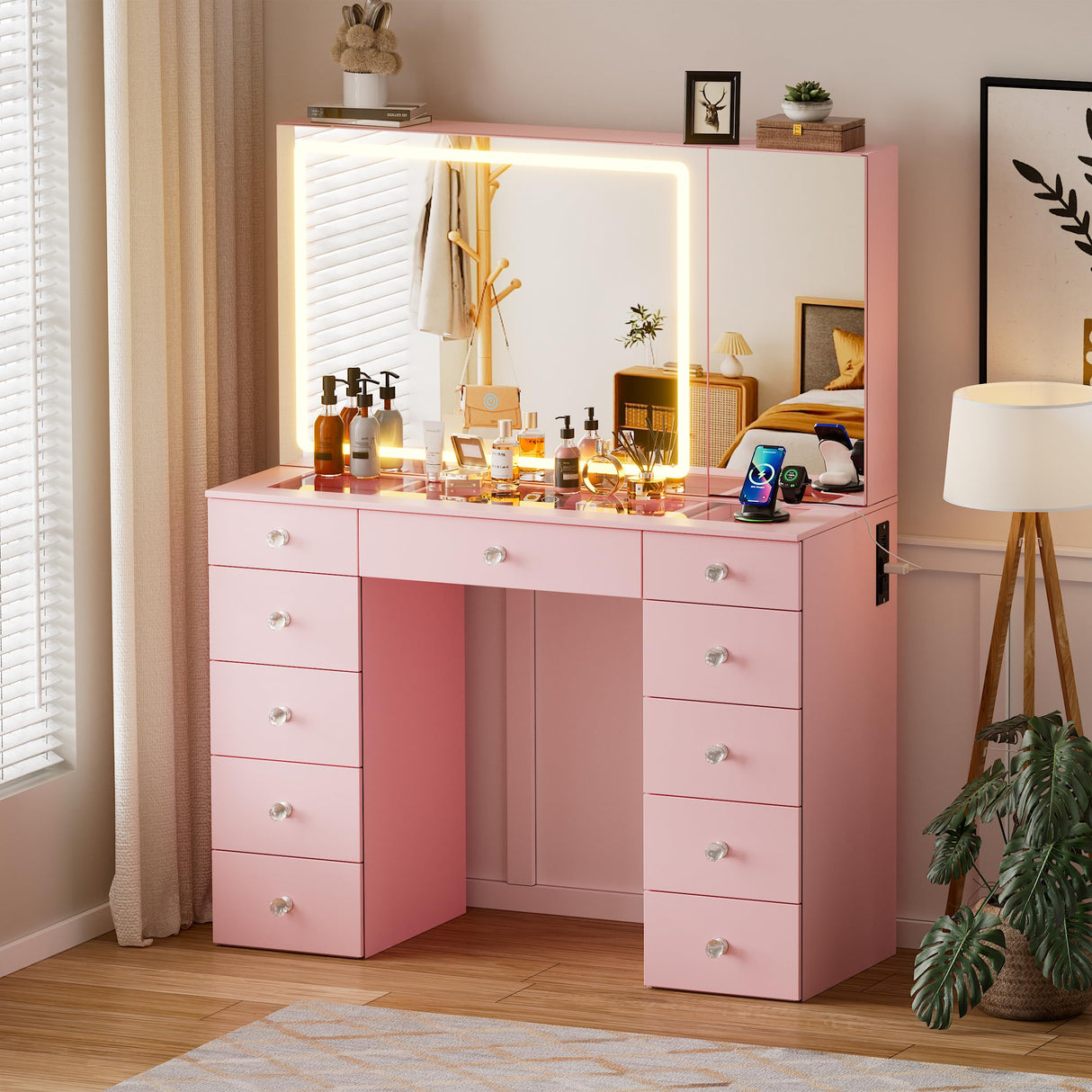 SDMY 46" Makeup Vanity with Large LED Mirror, Glass Tabletop Vanity Desk, 11 Storage Drawers, Hidden Storage Behind Mirror, Charging Station, Bedroom Vanity with Mirrored Cabinet (Pink) SDMY