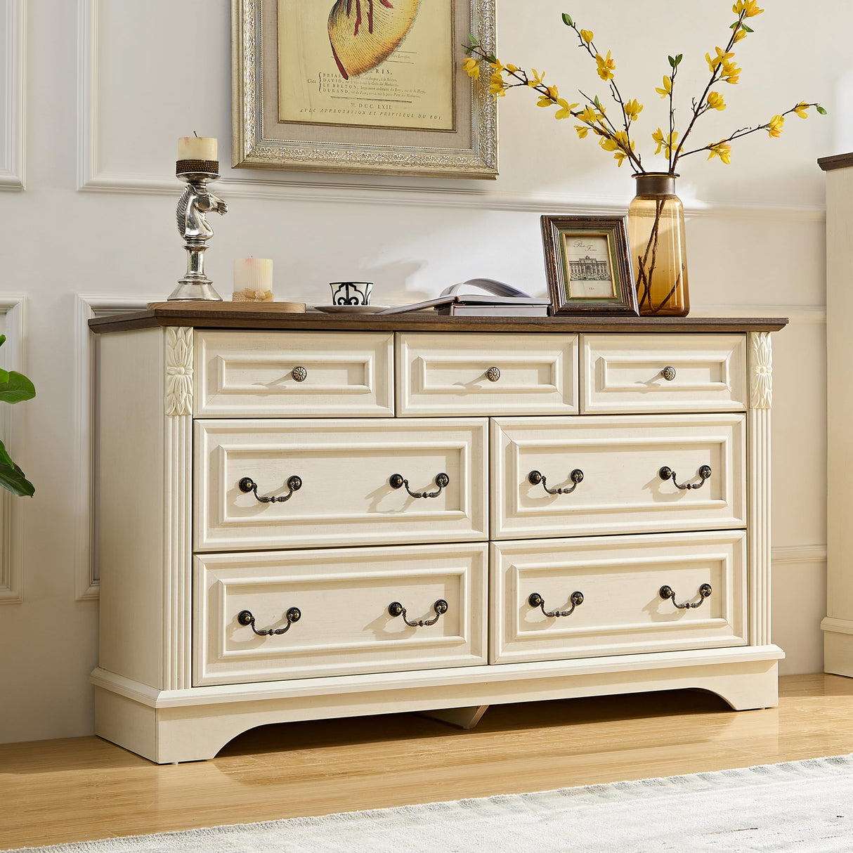 BLANKSPACE Rustic White Dresser for Bedroom,7 Drawers Dresser, Farmhouse Dresser for Living Room,7 Chest of Drawers with Thickened Wood Carving for Closet,Hallway BLANKSPACE