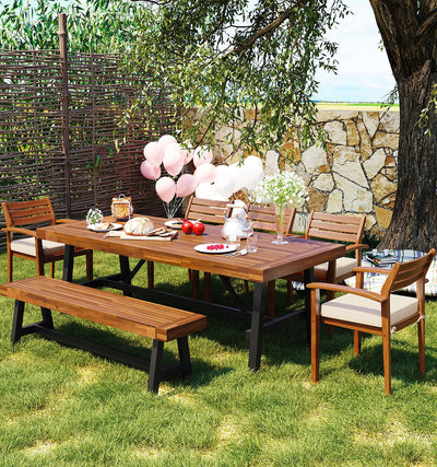 7-Piece Outdoor Dinning Table Set for 7-8, Acacia Wood Patio Table and Chairs Set with Adjustable-Leg & Cushions, Patio Dining Furniture Set for Garden, Balcony, Backyard (Acacia Wood, 7 Piece)