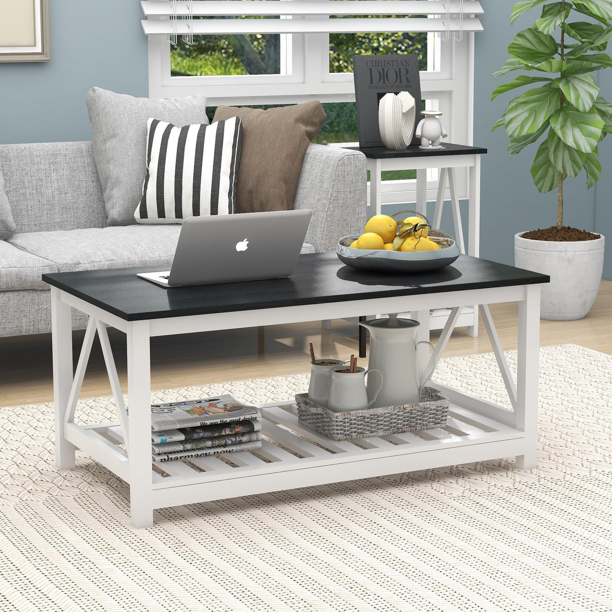 UYIHOME Farmhouse Coffee Table for Living Room, 2-Tier Rectangular Wooden Centre Cocktail Table with Slats Shelf Storage and V-Shaped Frame, Oak Blak UYIHOME