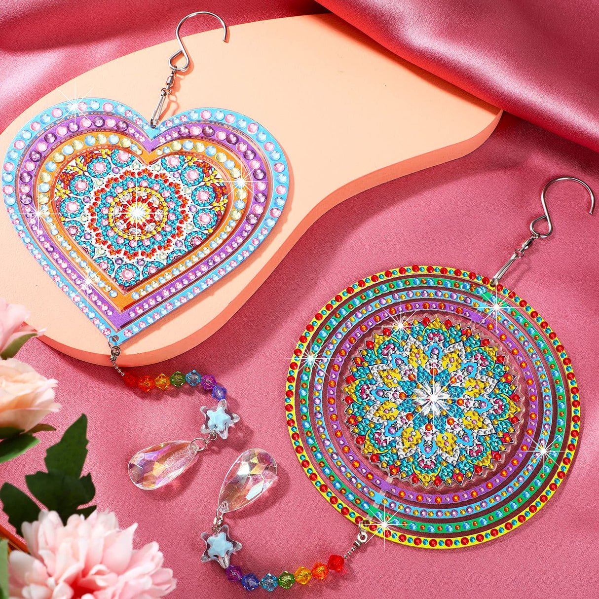 Queekay 2 Pieces 3D Diamond Painting Wind Chime Diamond Art Suncatcher Kits Three Dimensional by Number Hanging Ornament Double Sided Crystal Suncatcher Window Decor for Home Wall Garden(Heart) Queekay