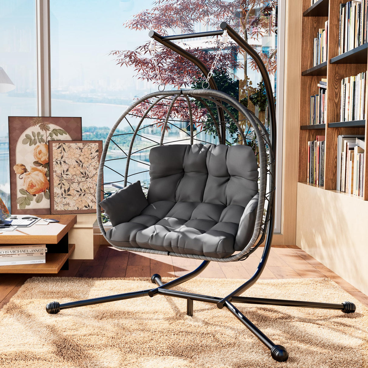 Pamapic 700 LBS Double Egg Chair Outdoor, UV Resistant Cushions Hanging Egg Chair with Armrests & Headrest, Thick Steel Frame Egg Swing Chair with Stand, for Relaxing & Reading Outside/Inside(Grey) Pamapic