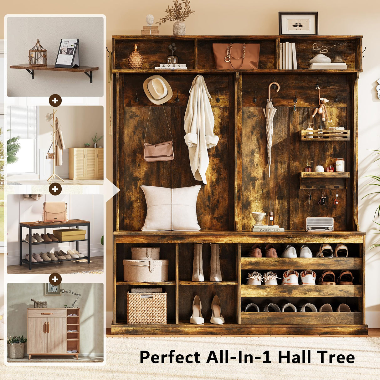 iPormis 70“ Large Hall Tree with Bench and Adjustable Storage Shelves, 6-in-1 Farmhouse Entryway Bench w/Coat Rack, Top Storage, Small Shelves for Entryway, Living Room, Led Lights, Rustic Brown iPormis