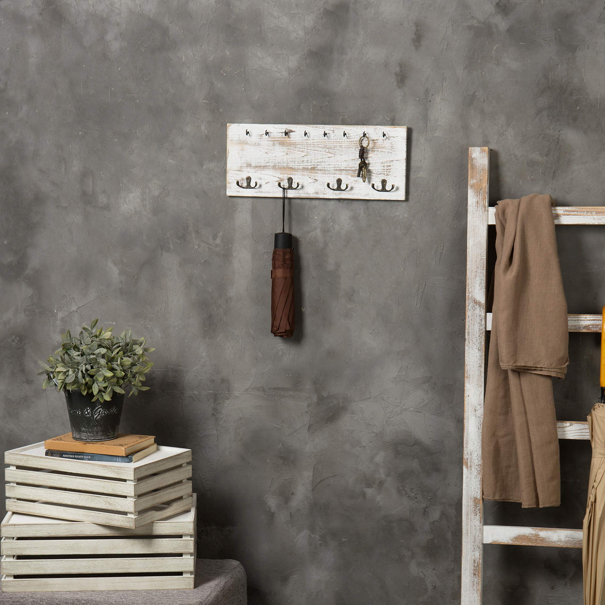 MyGift Coat and Key Hook Wall Organizer, Whitewashed Wood Mounted Coat and Key Holder Rack with 16 Hook, Farmhouse Entryway Hanging Organizer MyGift