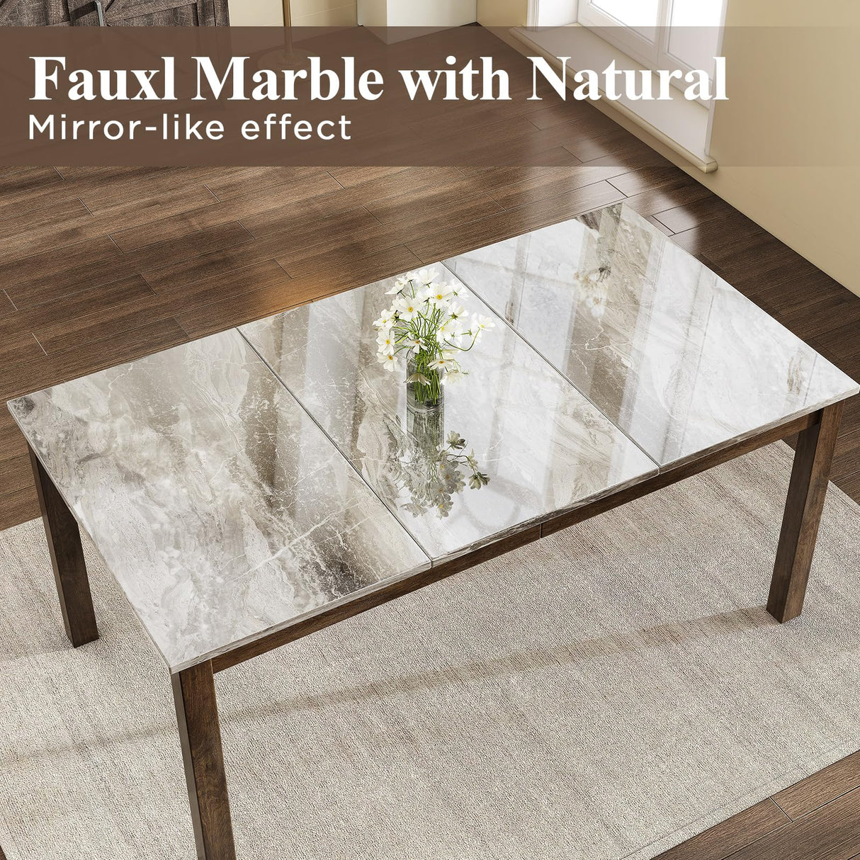 LUXOAK 7-Piece Solid Wood Dining Table Set, 71" Faux Marble Kitchen Table with 6 Chairs, Curved Backrests & PU Cushioned Seats, Perfect for Dining Room & Living Room LUXOAK