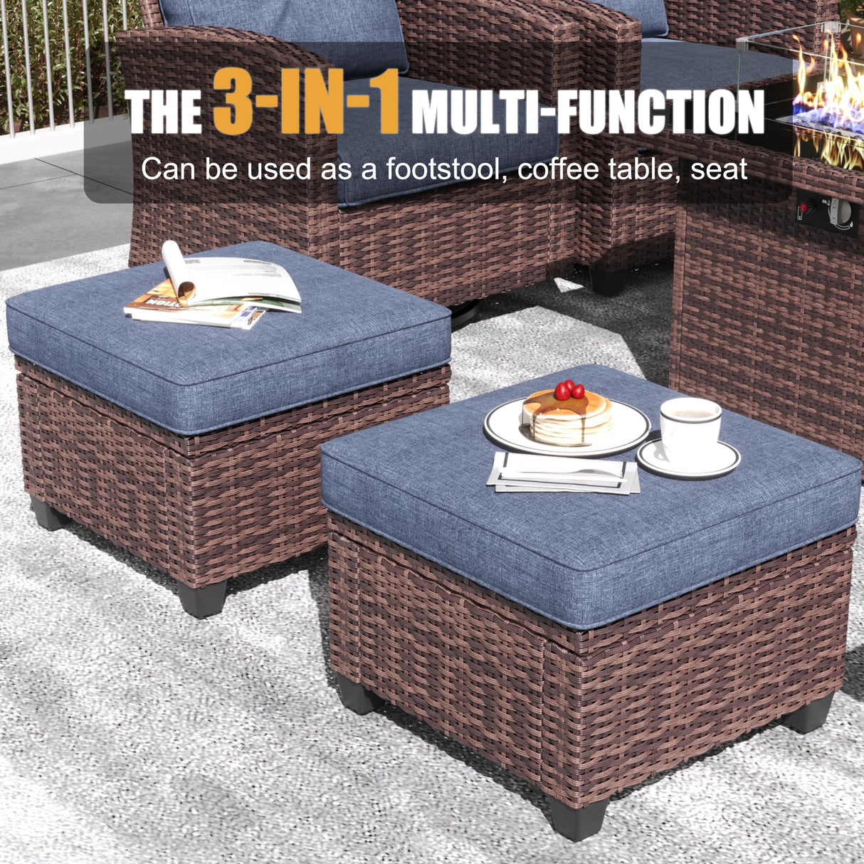 LayinSun 10 Pieces Patio Furniture Set with Swivel Chairs, Rattan Wicker Rocking Glide Chairs with 44" Propane Gas Fire Pit Table Conversation Set LayinSun