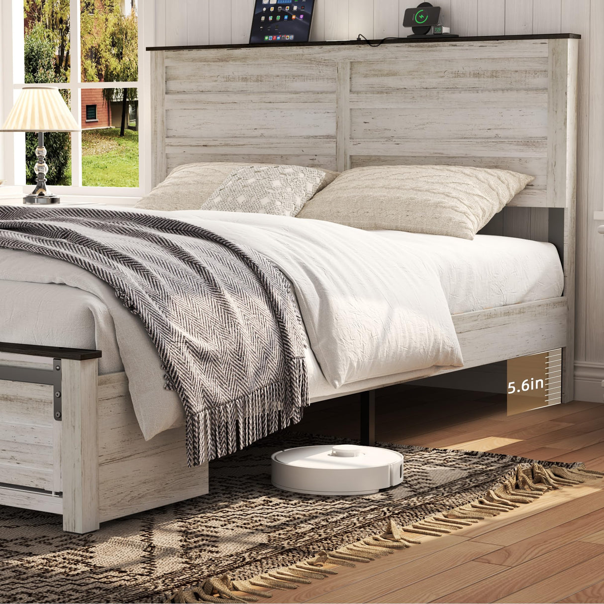 madeslves Wooden Bed Frame Full Size with Sliding Barn Door Storage Cabinets and Headboard, Farmhouse Platform Bedframe with Charging Station & Lights, Noiseless, No Box Spring Needed, White madeslves