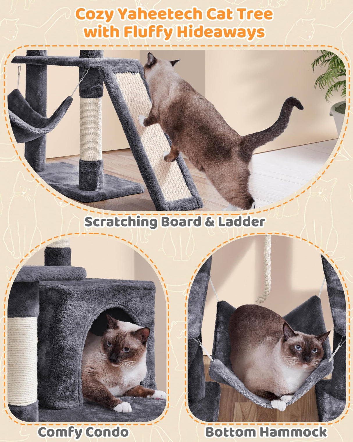 Yaheetech Large Multi-Level Cat Tree, 63 Inches Tall with Sisal-Covered Scratching Posts, Condo, Hammock, Dangling Ball, and Extended Platform for Cats to Play and Sleep Yaheetech