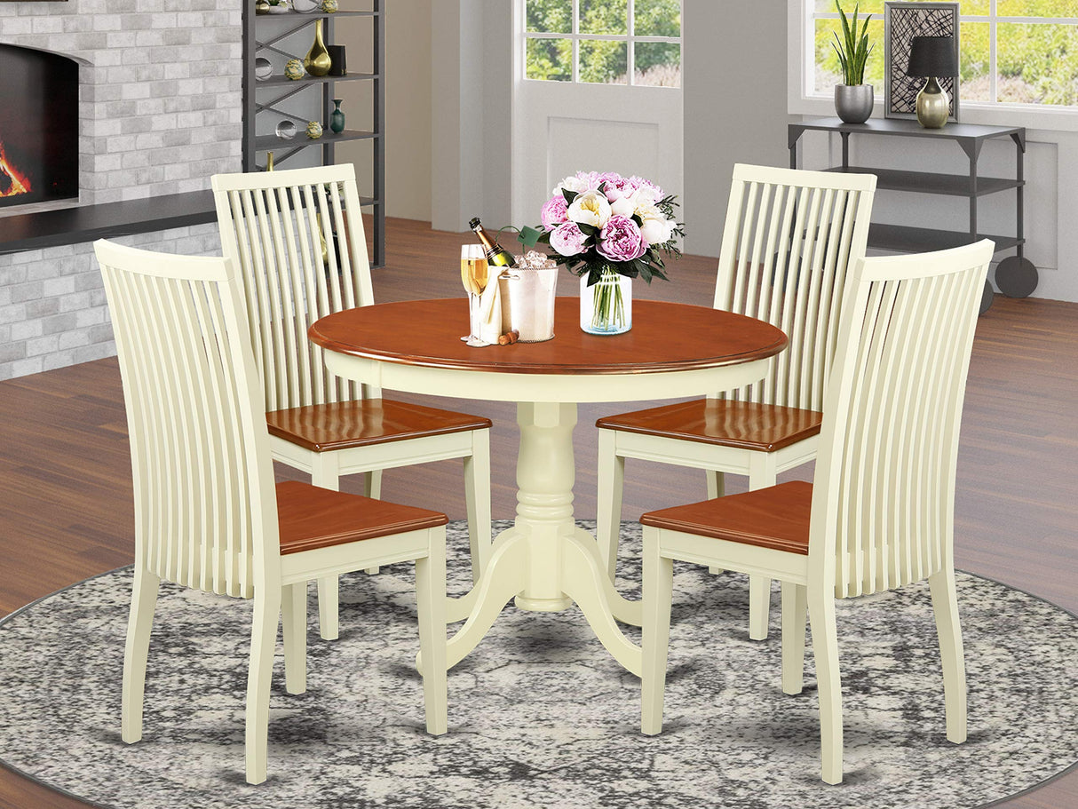 East West Furniture HLIP5-BMK-W 5 Piece Dining Room Furniture Set Includes a Round Kitchen Table with Pedestal and 4 Dining Chairs, 42x42 Inch, Buttermilk & Cherry East West Furniture