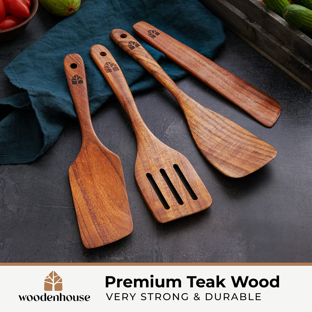 Wooden Spatula for Cooking, Kitchen Set of 4, Natural Teak Wooden Utensils including Paddle, Turner Spatula, Slotted Spatula and Wood Scraper. Nonstick cookware. WOODENHOUSE LIFELONG QUALITY