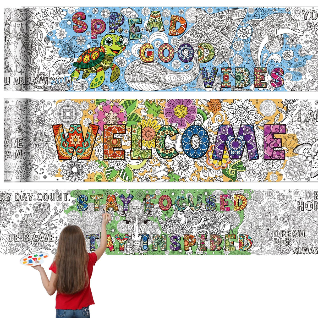 Janlaugh 3 Pack Giant Mandala Coloring Posters 9.8 Feet Long Back to School Motivational Jumbo Large Coloring Sheets Pages DIY Drawing Paper Rolls for Summer Classroom Craft Home Team Art Activity Janlaugh
